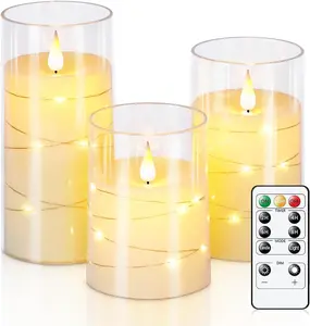 Flickering Flameless Candles with String Lights, Battery Operated Candles, Embedded String Lights LED Candles, Unbreakable Plexiglass Candle with Remote, Set of 3, Ivory White