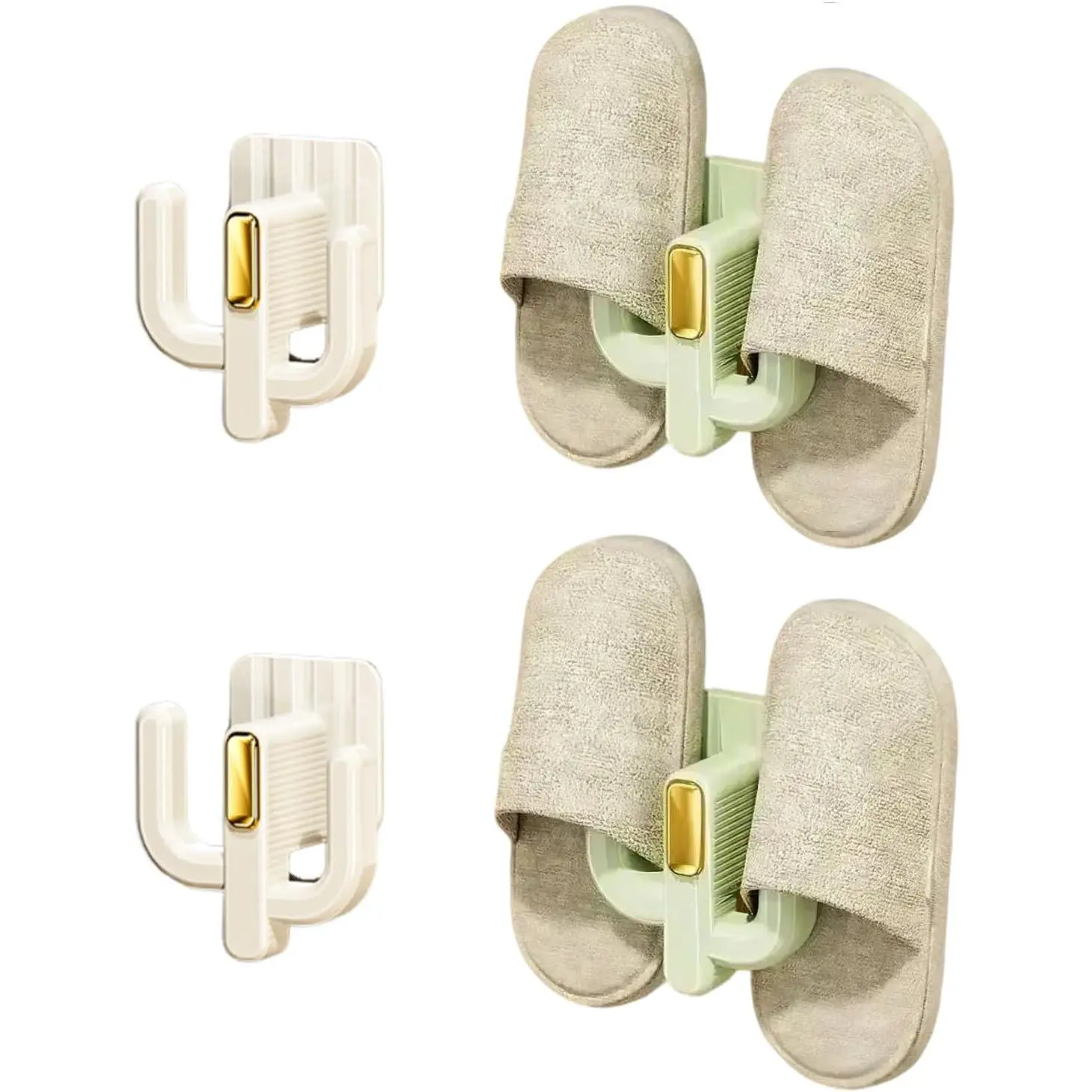 4 Pack Wall Mounted Shoe Rack - Premium Hanging Shoe Organizer Shelf with Sticky Hanging Mounts, Door Shoe Hangers with Hooks for Slippers Storage, White & Green