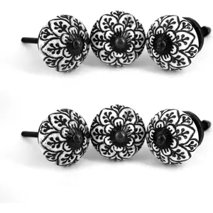 Set of 6 Black & White  Ceramic Knobs | Stylish Modern Drawer Knobs | Trendy Cabinet Door Knobs | Simple Hardware for Kitchen, Bathroom Cabinets & Dressers (Spade)