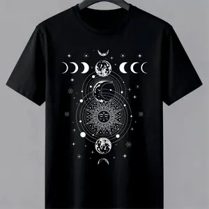 Soft Cotton Celestial Moon Phase Sun And Stars Graphic T Shirt | Vintage Astrology Zodiac Cosmic Print Tee | Boho Aesthetic Spiritual Shirt | Casual Short Sleeve Unisex T Shirt | Summer Streetwear Graphic Tee