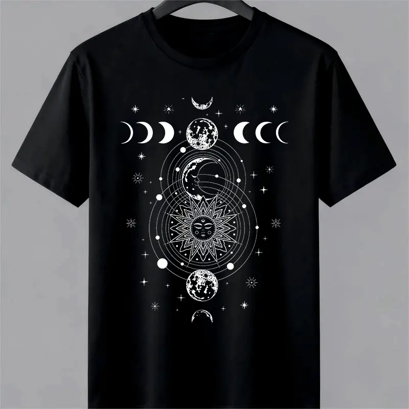 Soft Cotton Celestial Moon Phase Sun And Stars Graphic T Shirt | Vintage Astrology Zodiac Cosmic Print Tee | Boho Aesthetic Spiritual Shirt | Casual Short Sleeve Unisex T Shirt | Summer Streetwear Graphic Tee