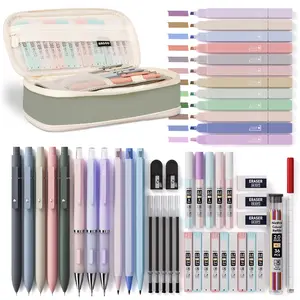 50 PCS Aesthetic School Supplies with Pen Case, 5 Quick Dry Retractable Black Ink Pens, 12 Pastel Highlighters, 6 Pastel Mechanical Pencil Set 0.5 & 0.7 & 0.9 & 2.0 mm for Students Stationary smilewritingpen