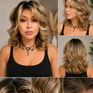 Honey Brown Synthetic Wig with bangs.  Cateleya. Heat Resistant Fibers 250⁰ F, Regulat capsize 21-23 inches, 16 inches long.
