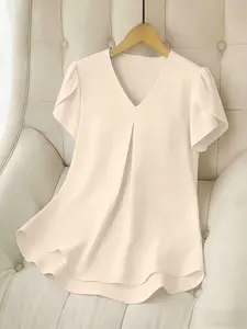 Fashion Curve Plus Size Plain V-Neck Puff-Sleeve Blouse, Short-Sleeve Loose Casual Tops Y2K Clothes Daily Street Style Summer Outfits