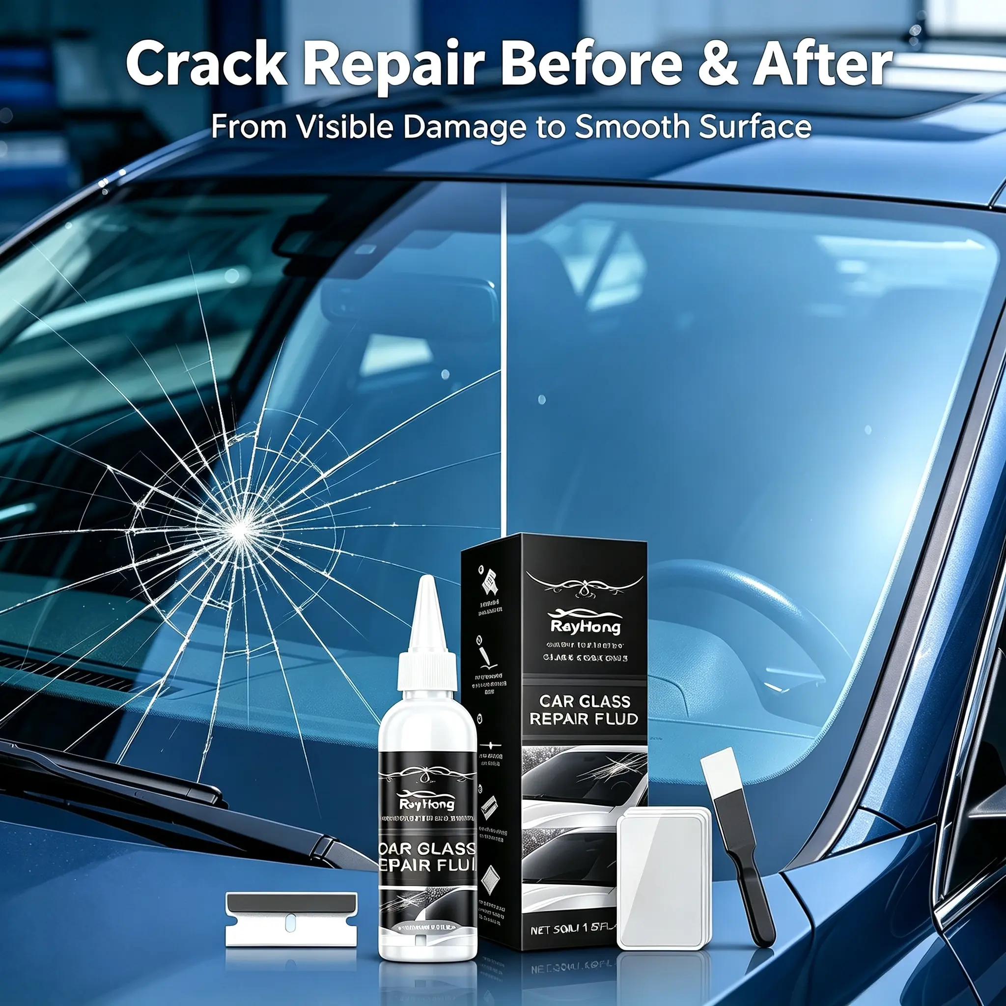 Car Glass Repair Fluid Kit 50ml, Nano Glass Crack Repair Resin for Chips & Cracks, Quick Windshield Crack Repair Set for Automotive Windshields, Windows and Mirrors