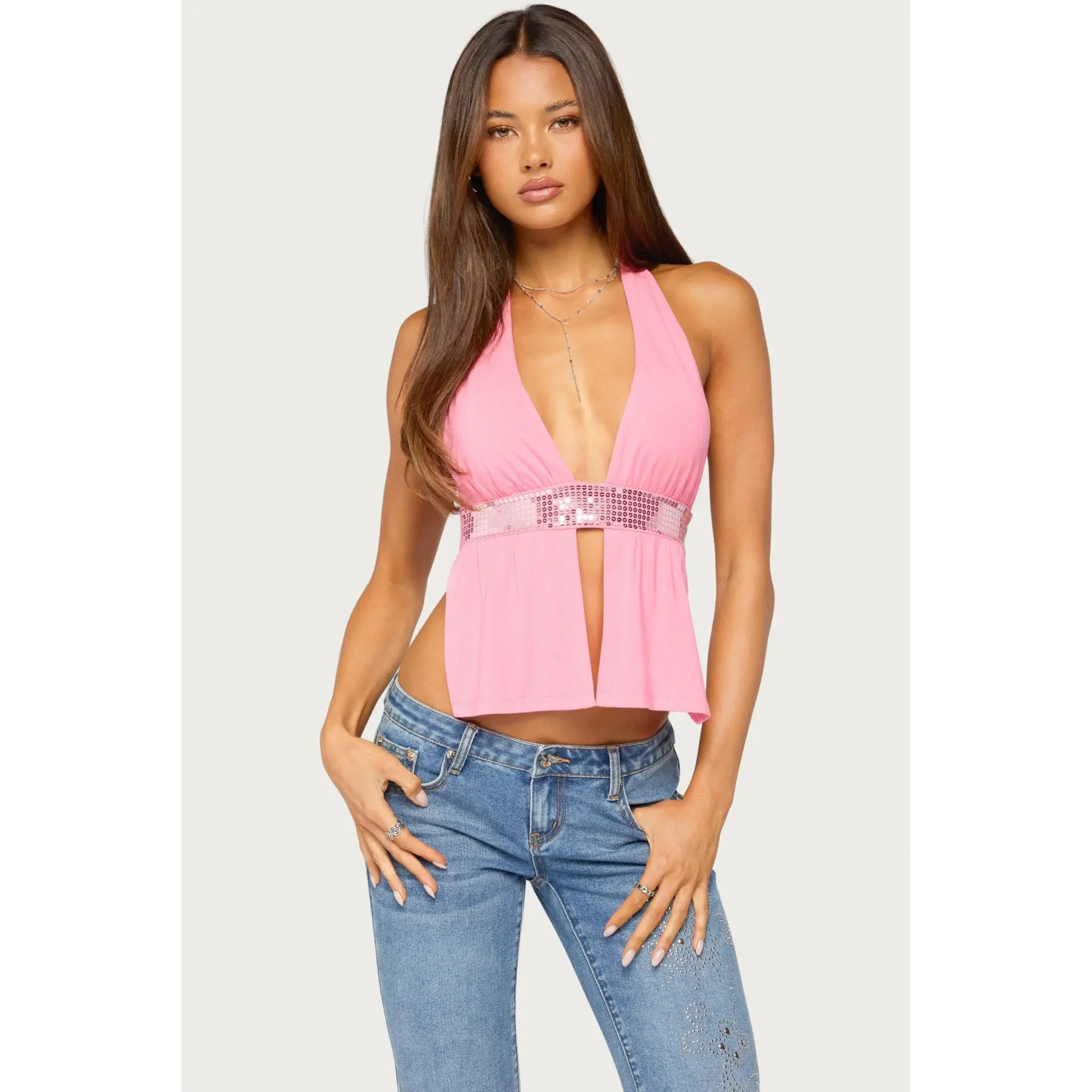 Heily Sequin Split Front Backless Top