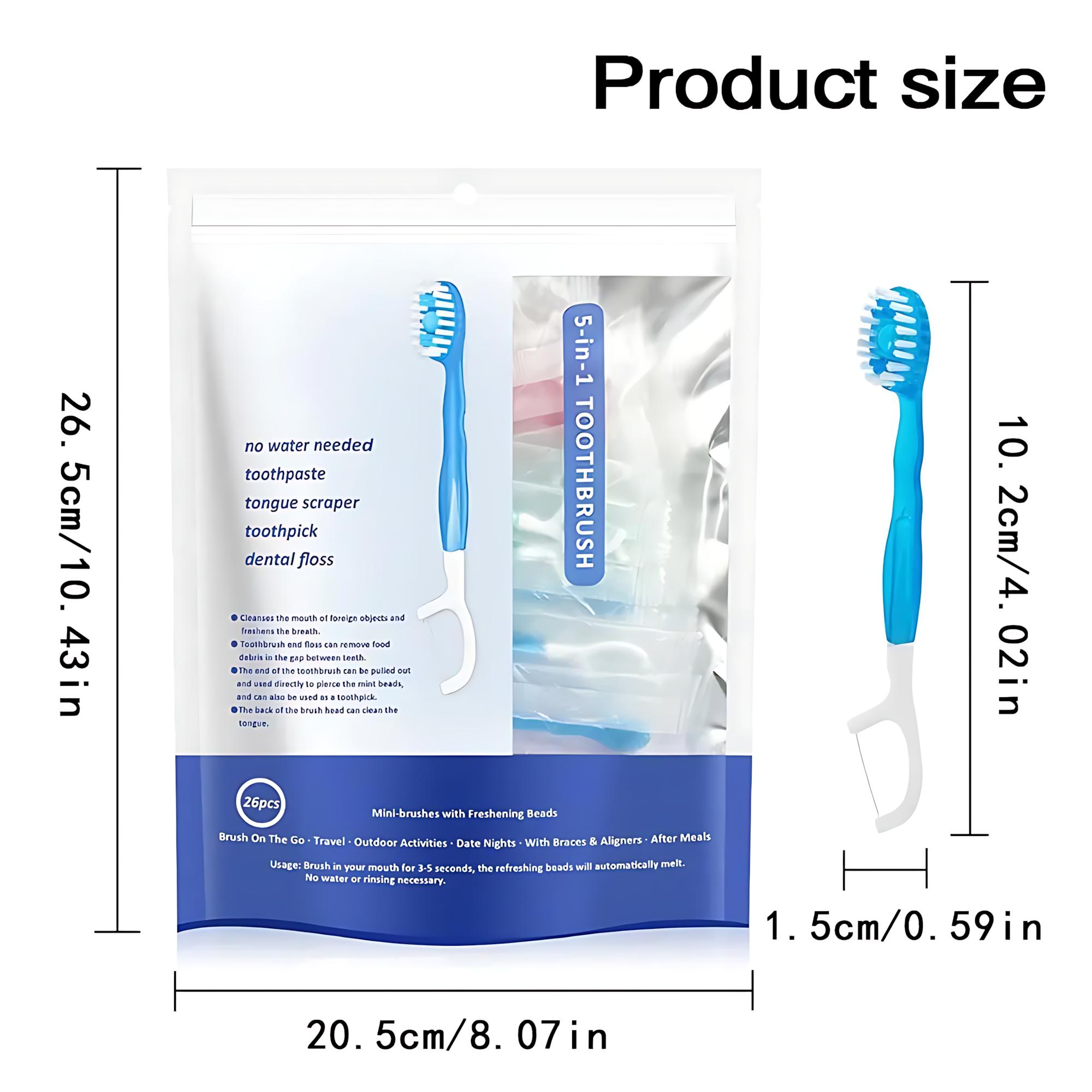 5-in-1 Ready-to-Go Travel Toothbrush Pre-Pasted – Mini Disposable Toothbrush with Floss & Toothpick, No Rinsing Needed, Individually Wrapped Oral Care Kit 26 Ct Portable