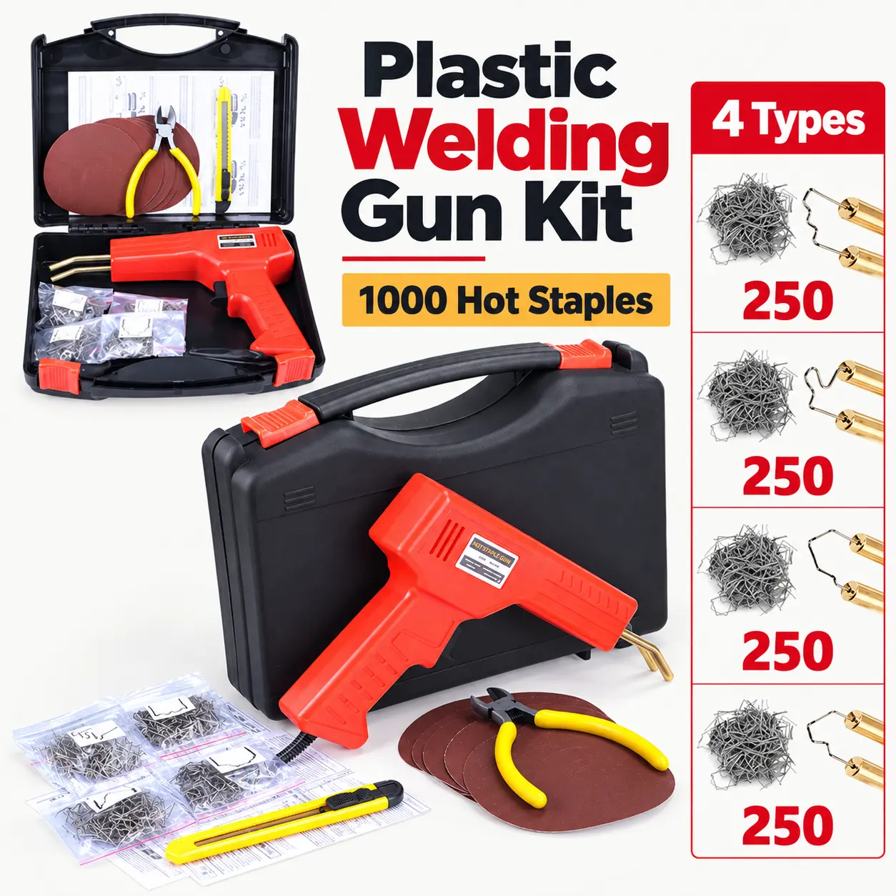 50W Plastic Welding Machine Kit, Hot Stapler Plastic Repair Gun with 1000Pcs Hot Staples, Car Bumper Repair Tool Set with Pliers, Utility Knife & Sandpaper for Auto Body Dashboard Repair