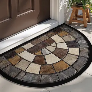 Thick Non-Slip Stone Door Mat, Decorative Rug Mat, Stylish Semicircle Design with Mosaic Pattern, Washable Polyester for Living Room & Porch