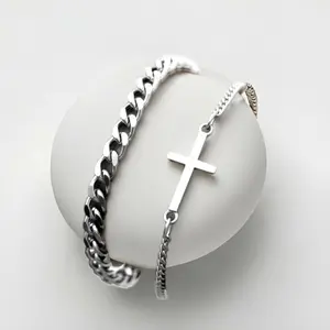 Men's Silver Cross Chain Bracelet Set
