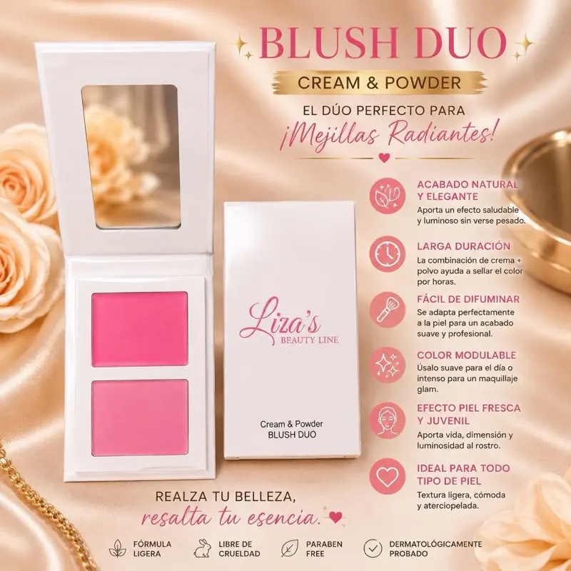 1220- Cream & Powder Blush Duo, Long-Lasting Buildable Face Makeup for Natural Flushed Look