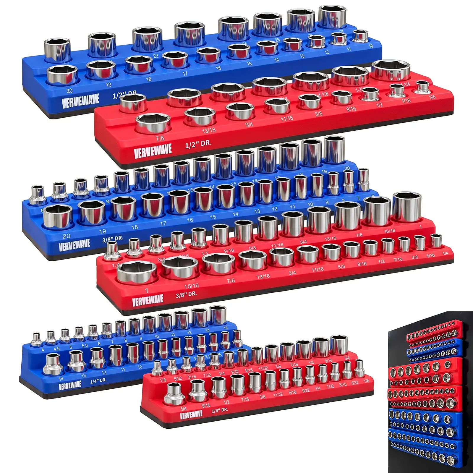 Magnetic Socket Organizer Set, 6-Piece Heavy Duty Socket Holder Kit (1/4", 3/8", 1/2" Drive), Holds 143 SAE & Metric Sockets, Professional Toolbox Tray Organizer