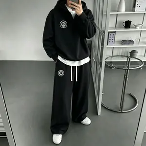 Men's 2-Piece Henley-Collar Half-Button Hooded Sweatshirt & Fleece-Lined Loose Wide-Leg Pants Set