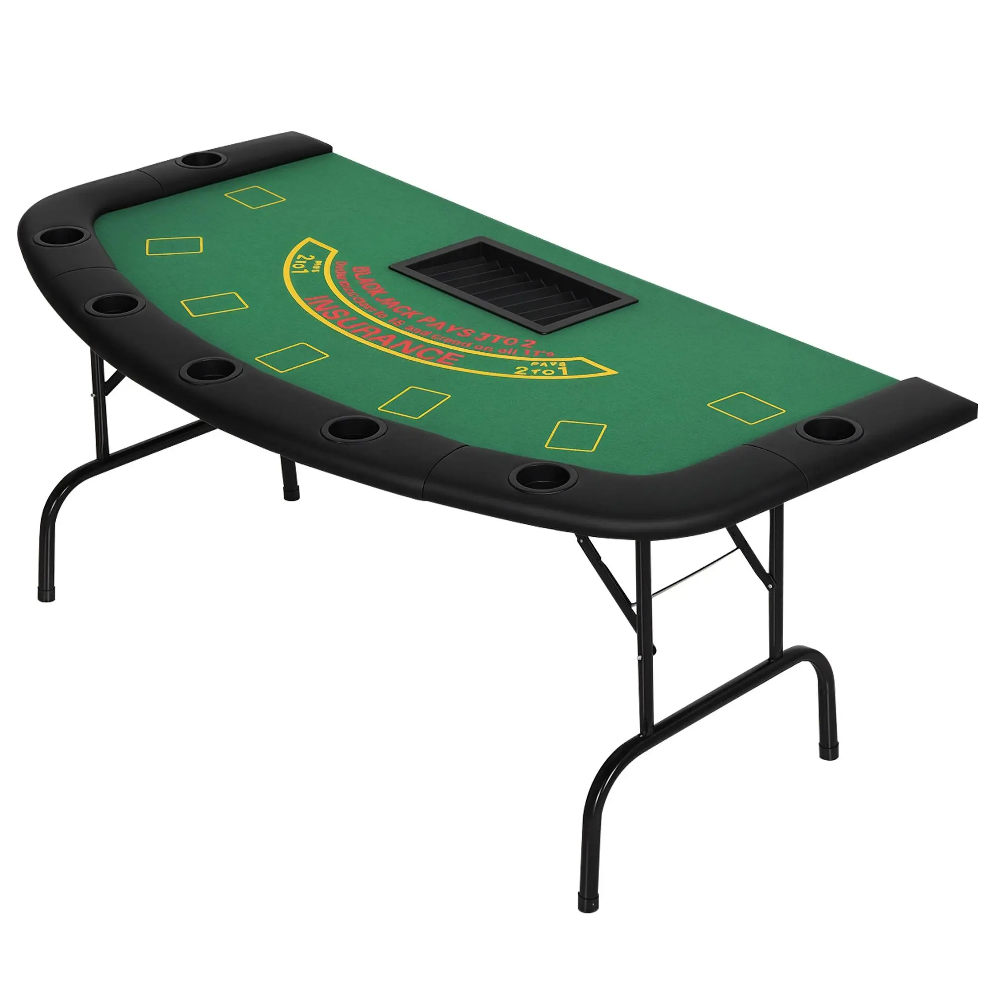 Soozier Foldable 72" 7-Player Casino Table with Chip & Cup Holders, Green Felt, Folding Tables for Party Card Games, Game Room, 71.75" L x 35.75" W x 2.25" H (Folded), Ages 12+