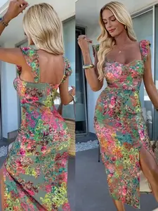Women's Floral Print Split Midi Dress | Sexy Summer Vacation Sundress | Casual Beach Party Outfit