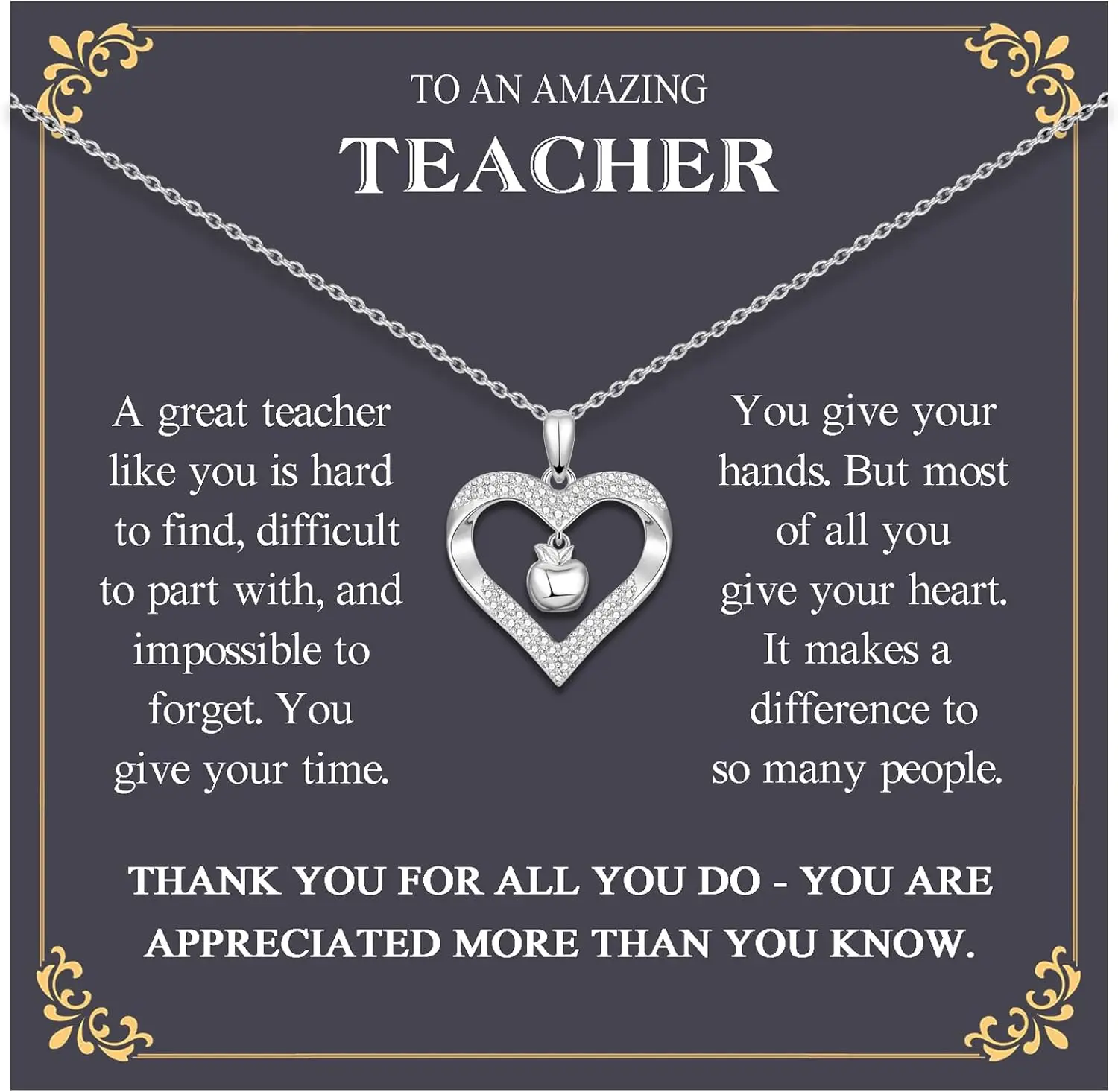Teacher Gifts for Women, Teacher Appreciation Gifts Back to School/First Day of School/Preschool Daycare Teacher Thank You Gifts, Apple Heart Pendant Necklace Teacher Birthday Christmas Gifts