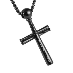 HZMAN Athletes Cross Necklace by Pendant Sports Stainless Steel Baseball and Baseball Bat Cross Necklace (Black)