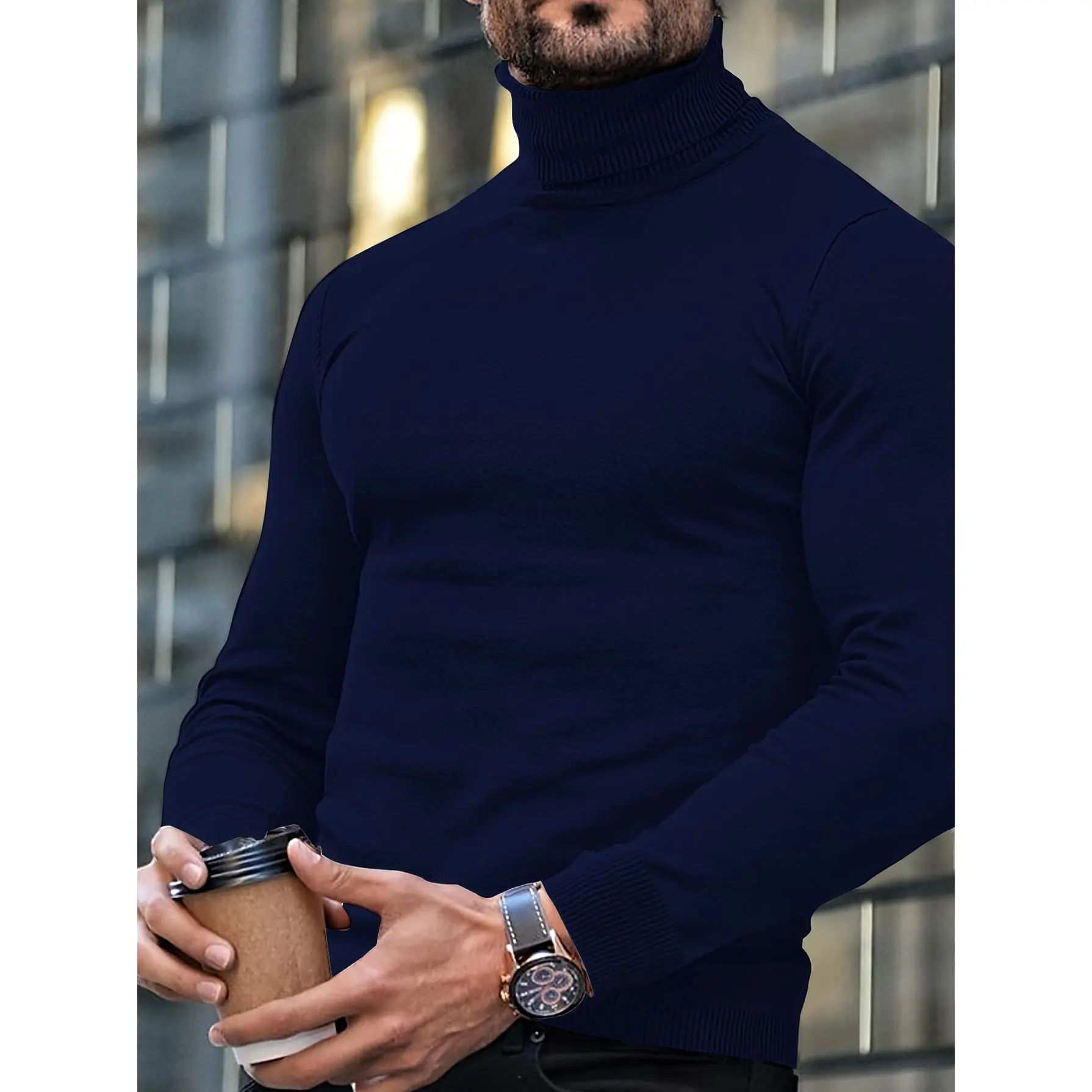 Men's Plus Size Turtleneck Knit Sweater 3XL-6XL, Big & Tall Solid Color Long Sleeve Pullover, Soft Stretchy Base Layer Jumper for Business Casual Fall Winter