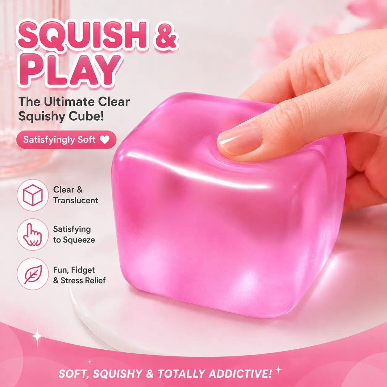 Translucent Soft Plastic Squishy Cube Block Stress Relief Toy - Anxiety Fidget, Desk Fidget Tool, Rounded Shape Slow-Rising Sensory Squeeze Item for 8-10 Yrs (Pink, Blue, Purple)