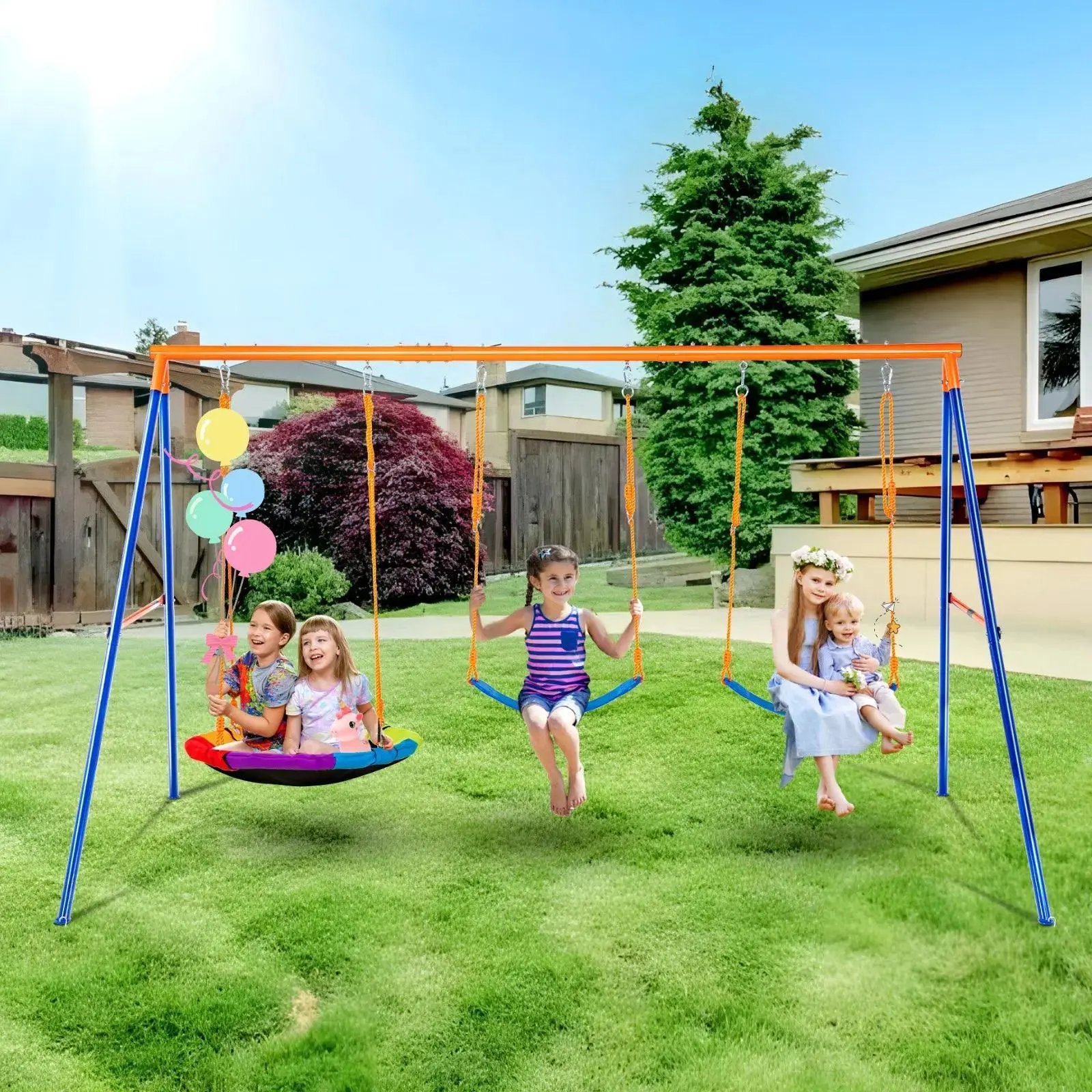 【Summerfinds】VEVOR Swing Sets for Backyard,  600lbs Load Capacity Swing Set, with 1 Saucer Swing Seat, 2 Belt Swing Seats, Heavy Duty A-Frame Metal Swing Stand and Adjustable Rope, Swingset Outdoor for Kids