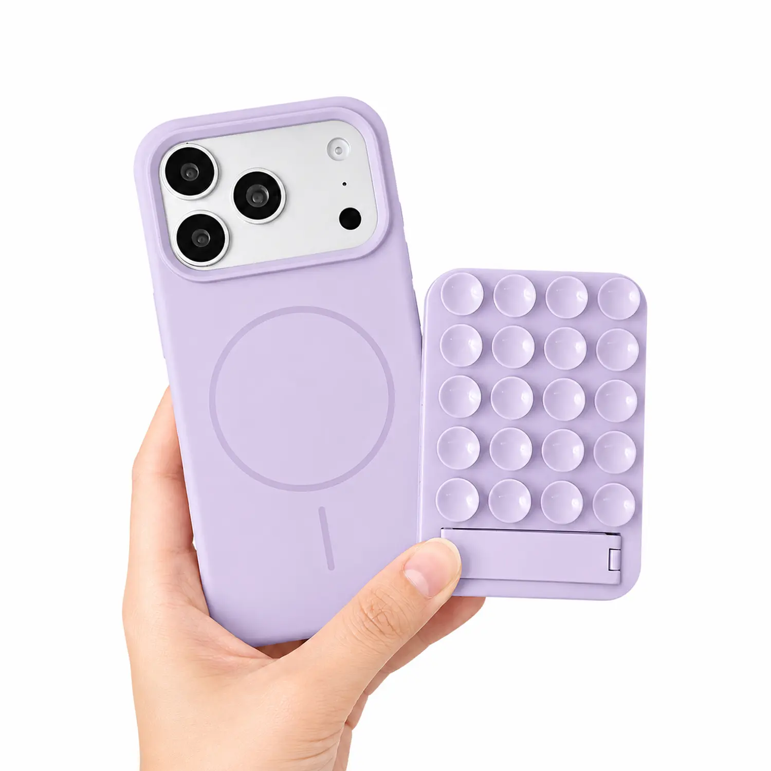 Silicone Suction Cup Soft TPU Bumper Case with Hidden Foldable Kickstand for iPhone 17/16/15/14/13 Pro Max, Anti-Slip Shockproof Scratch-Resistant Smartphone Cellphone Handheld Devices Protection for Women, Casing