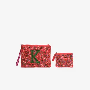 K Initial Embellished Pouch with Coin Bag Hand Beaded Floral Design Fall Colors Wristlet Strap 10.5" x 7.5" Perfect Gift