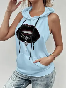Women's Back Cut-Out Sleeveless Top, Halloween Lip Skull Print Gothic Rock Hoodie, Summer Casual Fitted Sweatshirt with Pockets