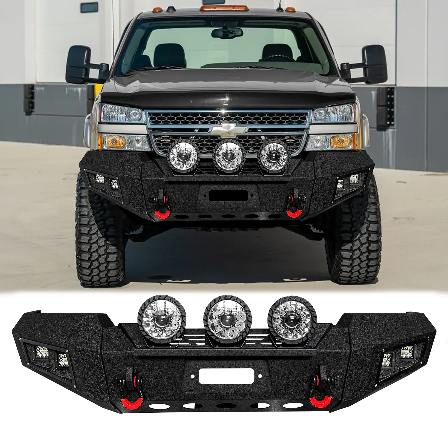 Vijay Black Textured Steel Front Bumper for 2003-2006 Chevy Silverado 1500/2500/3500 Truck - With Winch Plate, Round Lights, 2 x D-Rings, D-Ring Mounts, Winch Support, Off-Road Compatible, Simple Screw Installation