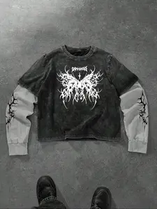 Men's Two-Piece Round Neck Cotton Butterfly Print Long Sleeve T-Shirt, Hip Hop Street Style Casual Sportswear, Athletic Streetwear, Athletic Style Activewear, Athleisure Street Fit, Athletic Tee