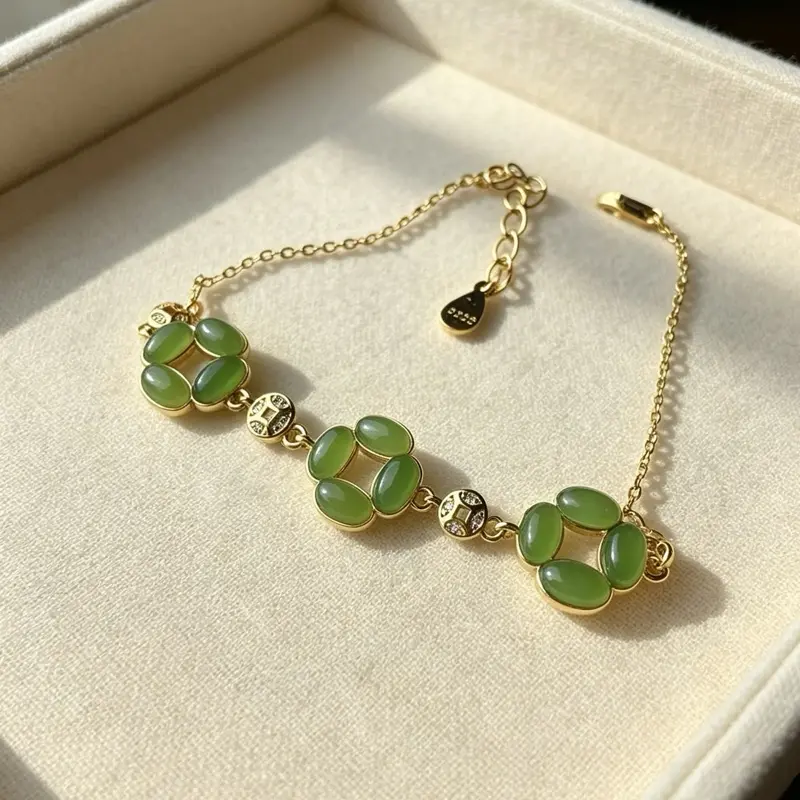 <PingEast jewelry > HeTian Jade bracelet 925 Sterling Silver Bracelet featuring natural Hetian Jade four-leaf clover charms, interspersed with yuanbao (ancient gold ingot) accents