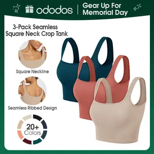 ODODOS 3-Pack Seamless Square Neck Crop Tank for Women Ribbed Knit Soft Low Back Cropped Tops