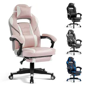 GARVEE Gaming Chair with Footrest & Massage Lumbar Support,Big and Tall Ergonomic Computer Game Desk Chair 300LB Capacity, High Back PU Leather Recliner with Headrest, 360° Swivel Computer Office Chair,Pink