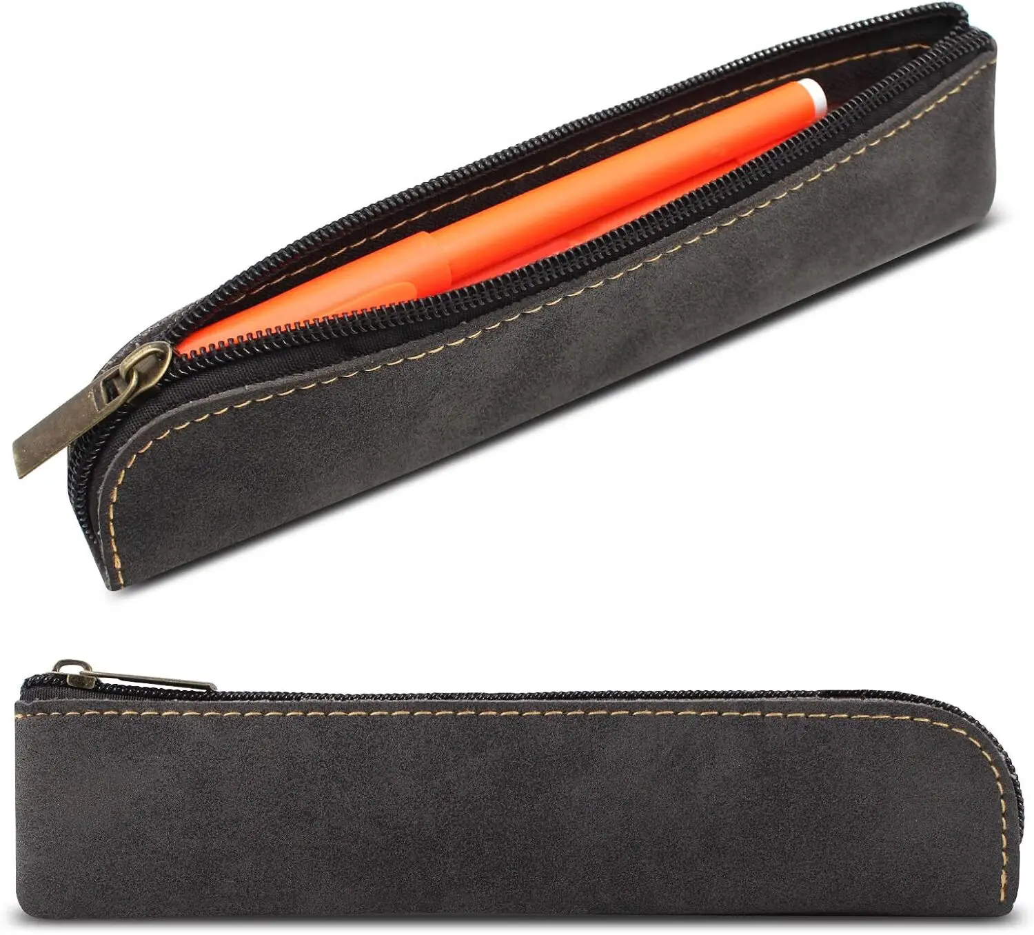 Leather Pencil Pouch - Vintage Black Business Stationery Bag with Smooth Zipper, Compact, Convenient for Daily Use
