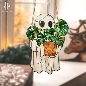 [NEW] Cute Ghost & Monstera Acrylic Suncatcher – Halloween Window Hanging | Plant Lovers & Mom Gift