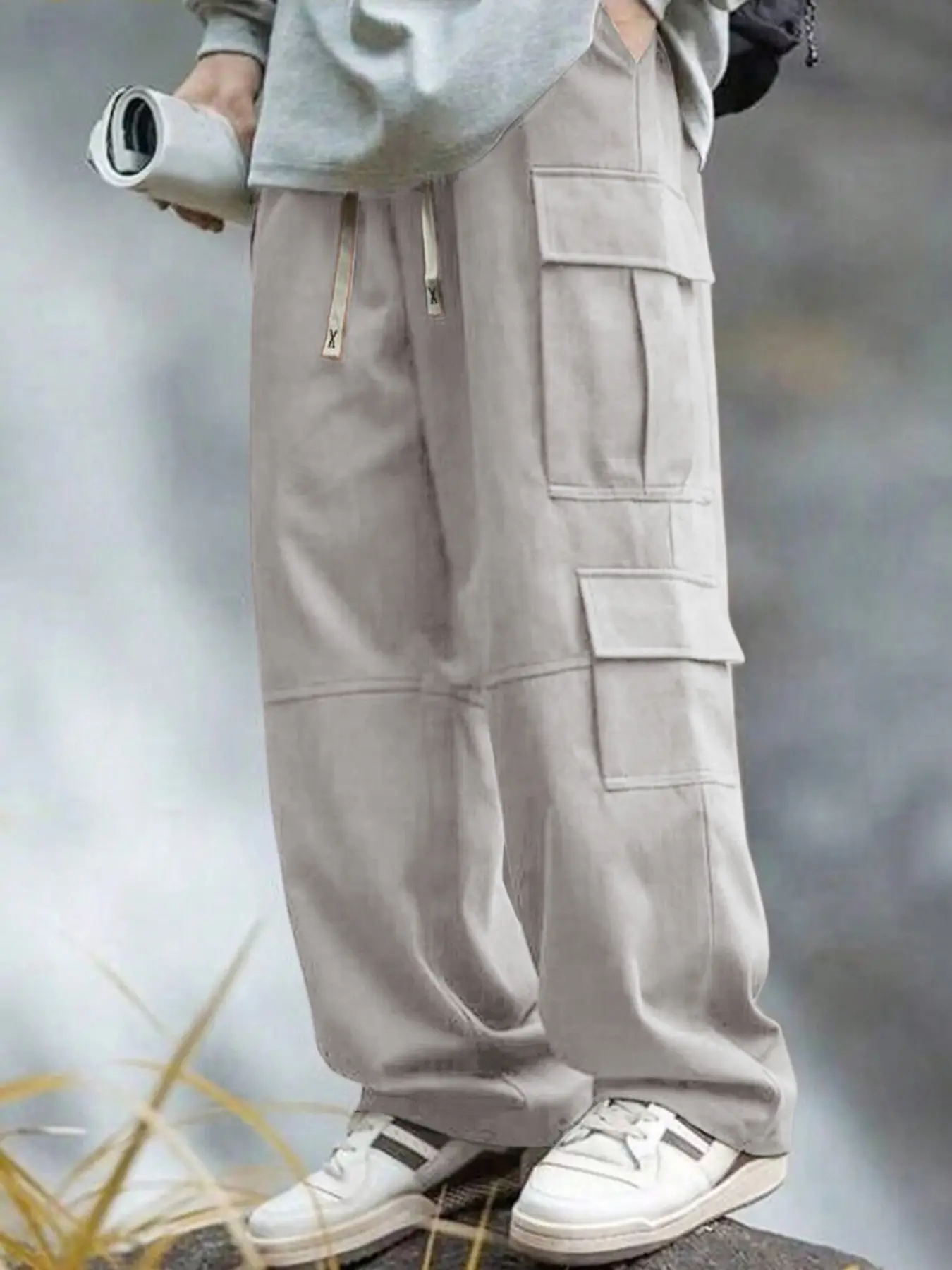 Men's solid color side pocket drawstring waistband work pants, Casual Street Pants, Casual Straight Leg, casual loose multi-pocket trousers for daily wear, men's bottom wear suitable for seasons, Casual Comfy Trousers