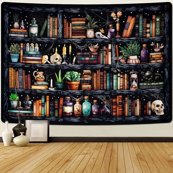Gothic Book & Skull Wall Tapestry - Black Cat, Magical Symbols, Botanical Witch Decor, Lightweight Smooth Print for Bedroom, Table Backdrop, Indoors Home Supplies