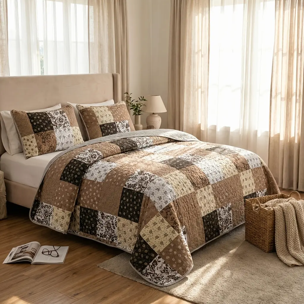 3pcss Rustic Patchwork Quilt Set - 3pcs Reversible Brown Floral Plaid Bedspread, All-Season Lightweight Coverlet for King/Queen Size Beds
