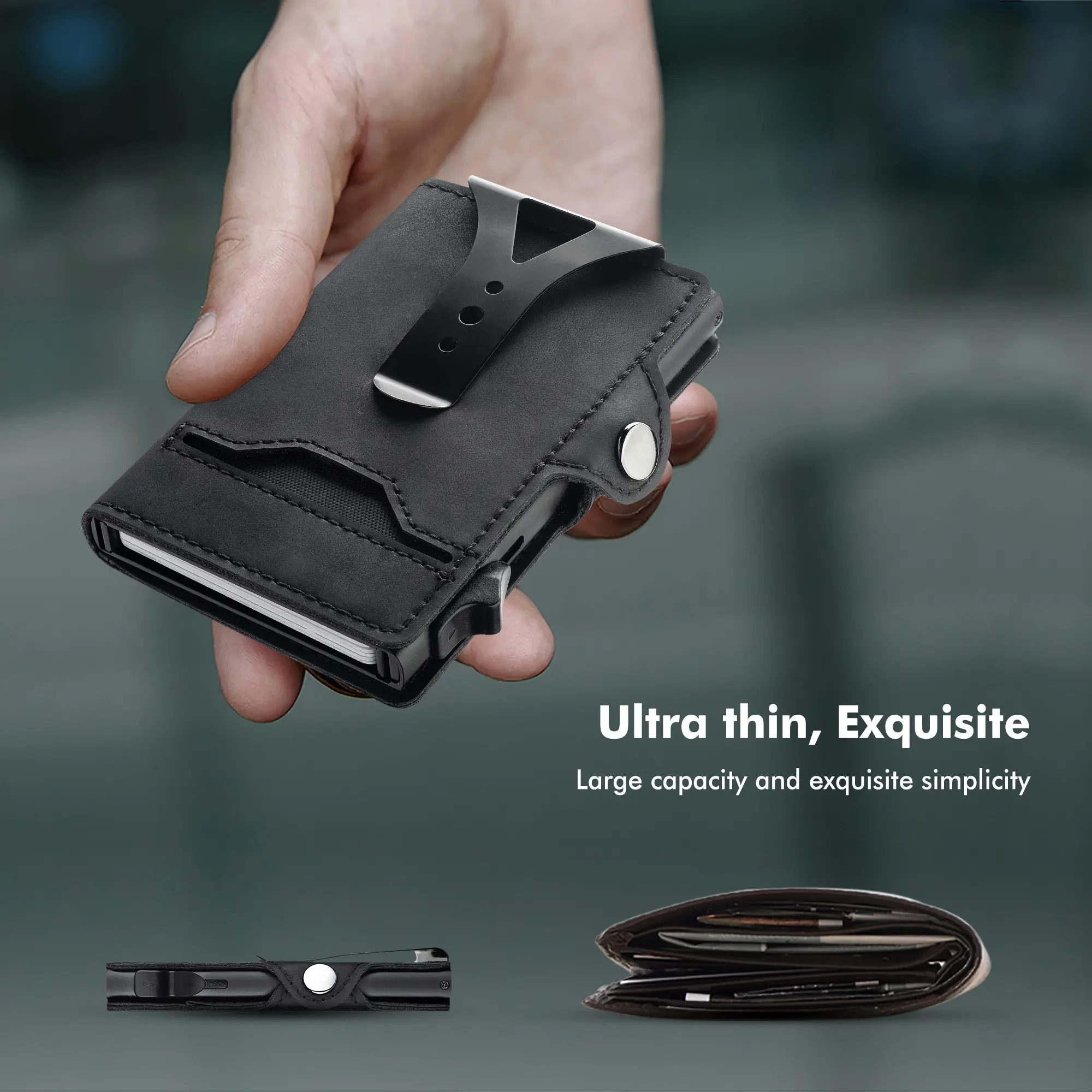 CaseKey Men's Pop Up Case, Cash Slot, and Credit Card Slot - Aluminum Wallet with RFID Blocking, Minimalist Leather Wallet Front Pocket with ID Window, Gift Box, Anti Theft Wallet, Business Minimalist Wallet