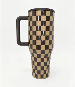 HydroJug 40oz Retro Brown & Beige Checkerboard Tumbler with Handle - Leak-Proof Stainless Steel Insulated Travel Flask, Portable Drinkware That Keeps Drinks Cold 24H, Flasks