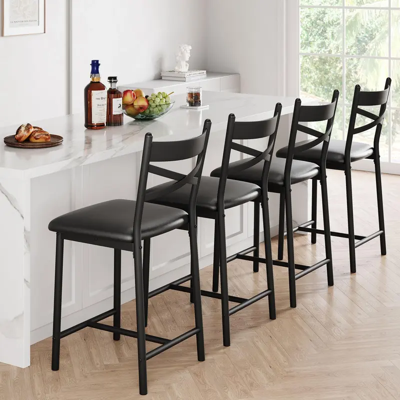 GARVEE Bar Stools Set of 4, PU Leather, Footrest & Backrest, MDF Board & Steel, Easy Assembly, Kitchen Island, Apartment