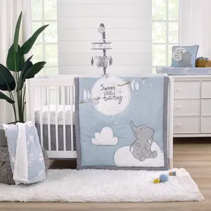 Dumbo Sweet Little Baby Light Blue, Gray, and White Storks, Stars, Clouds and Moon 3 Piece Nursery Crib Bedding Set - Comforter, 100% Cotton Fitted Crib Sheet and Crib Skirt