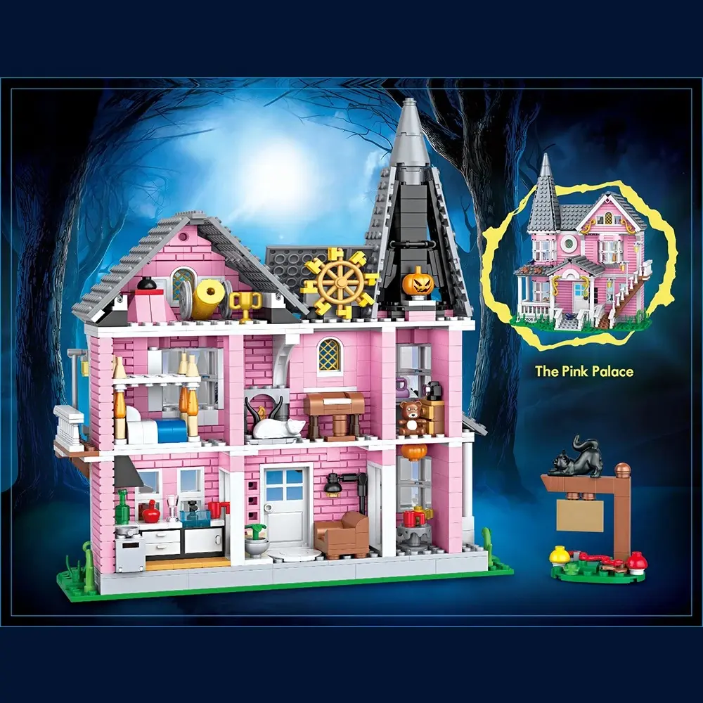 958pcs City Street View Series Pink Castle Apartments Model Building Blocks MOC Kitten Windmill Bricks Creative Toys Girls Gifts