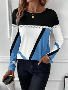 A new women's crewneck color-block patchwork geometric printed Long Sleeve T-shirt, suitable for daily wear, vacation and commuting.
