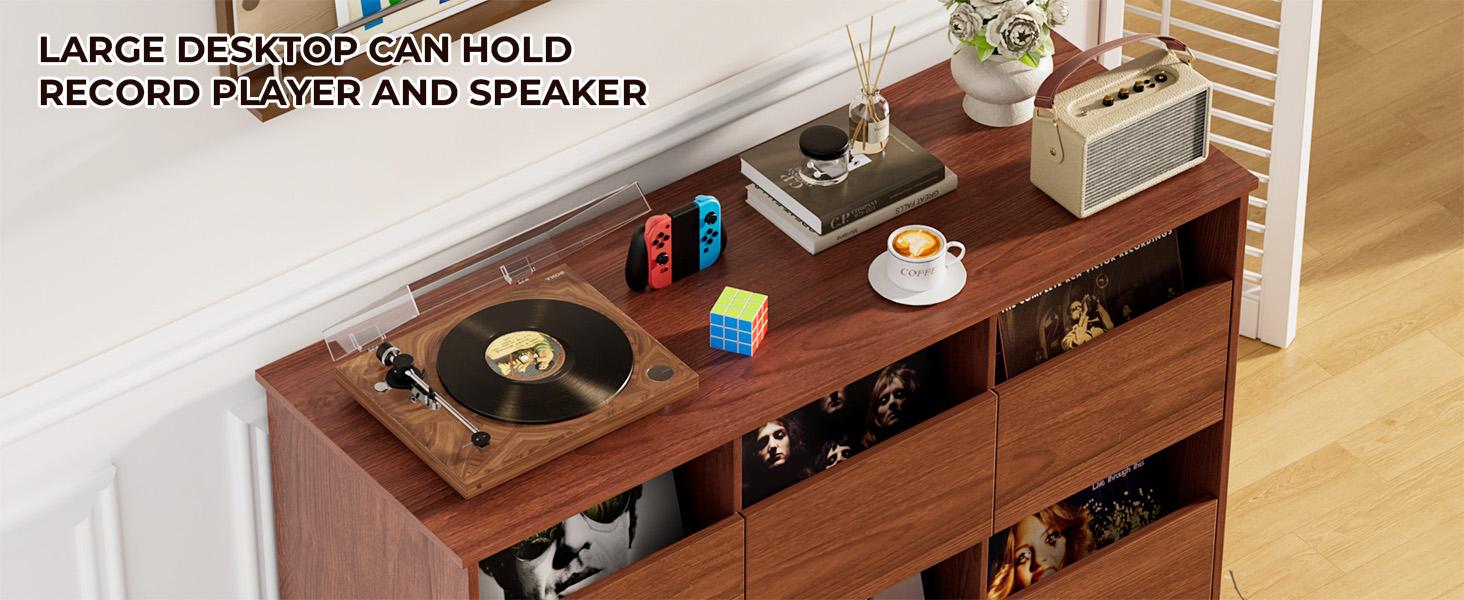 BROTTAR Large Record Player Stand with Vinyl Storage Up to 550 Albums, 2-Tier Record Storage Cabinet, Mid Century Turntable Stand, Vinyl Record Storage with Shelves for Bedroom, Living Room, Office (Walnut)