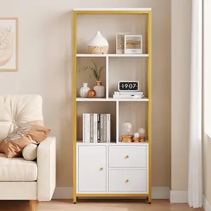 Gold Bookshelf with Drawers Modern Bookcase Storage Rack Shelf Tall Standing Bookshelves Metal Frame Large Display Racks Book Shelf for Bedroom, Living Room, Home Office