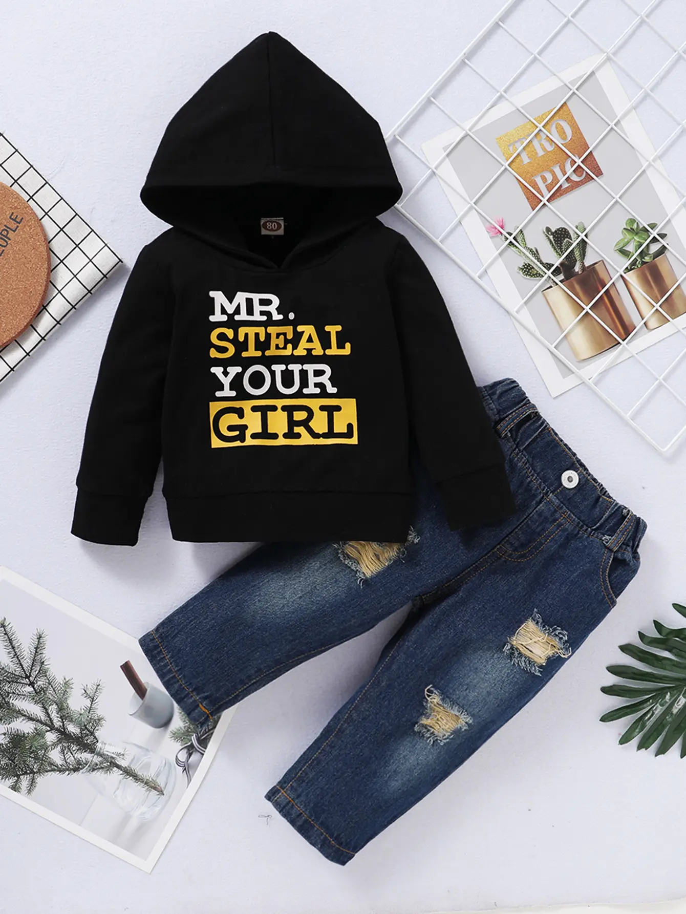 Toddler Boy Clothes, Long Sleeve Letter Hoodies Sweatshirt+Ripped Denim Pants Fall Winter Outfit Two-piece Set