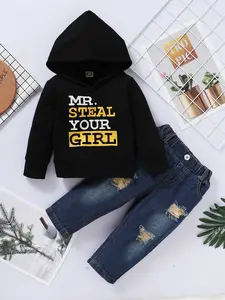 Toddler Boy Clothes, Long Sleeve Letter Hoodies Top+Ripped Denim Pants 2pcs Fall Winter Outfit Two-piece Set