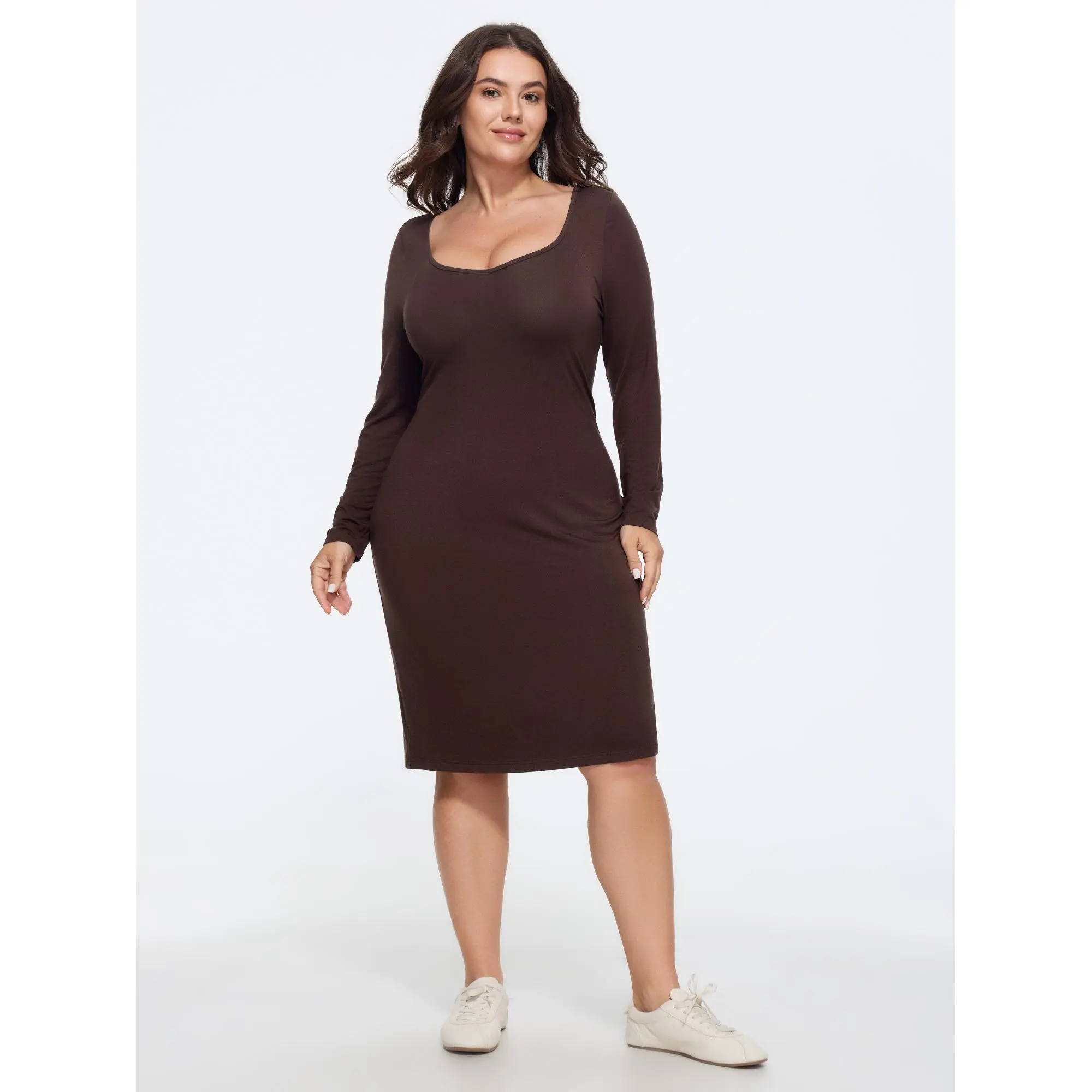BLOOMCHIC Women's Plus Size Basic Casual Spandex Fabric Garment, Supersoft Sweetheart Neck Long Sleeve Midi Dress [M-6X] Summer Find