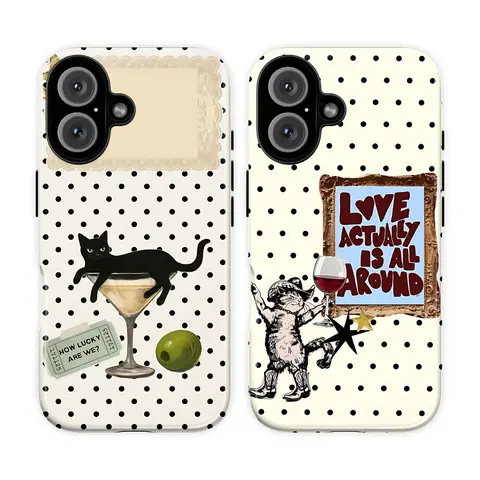Vintage Black Cat Martini Protective TPU PC Phone Casing - Quirky Indie Aesthetic with Polka Dots, Wine Glass, Olive, Gallery Frame Art, Coquette Y2K Retro Collage, for iPhone 18,17,16,15,14,13 Pro Max, Whimsical Gifts, Phone Accessories for Women
