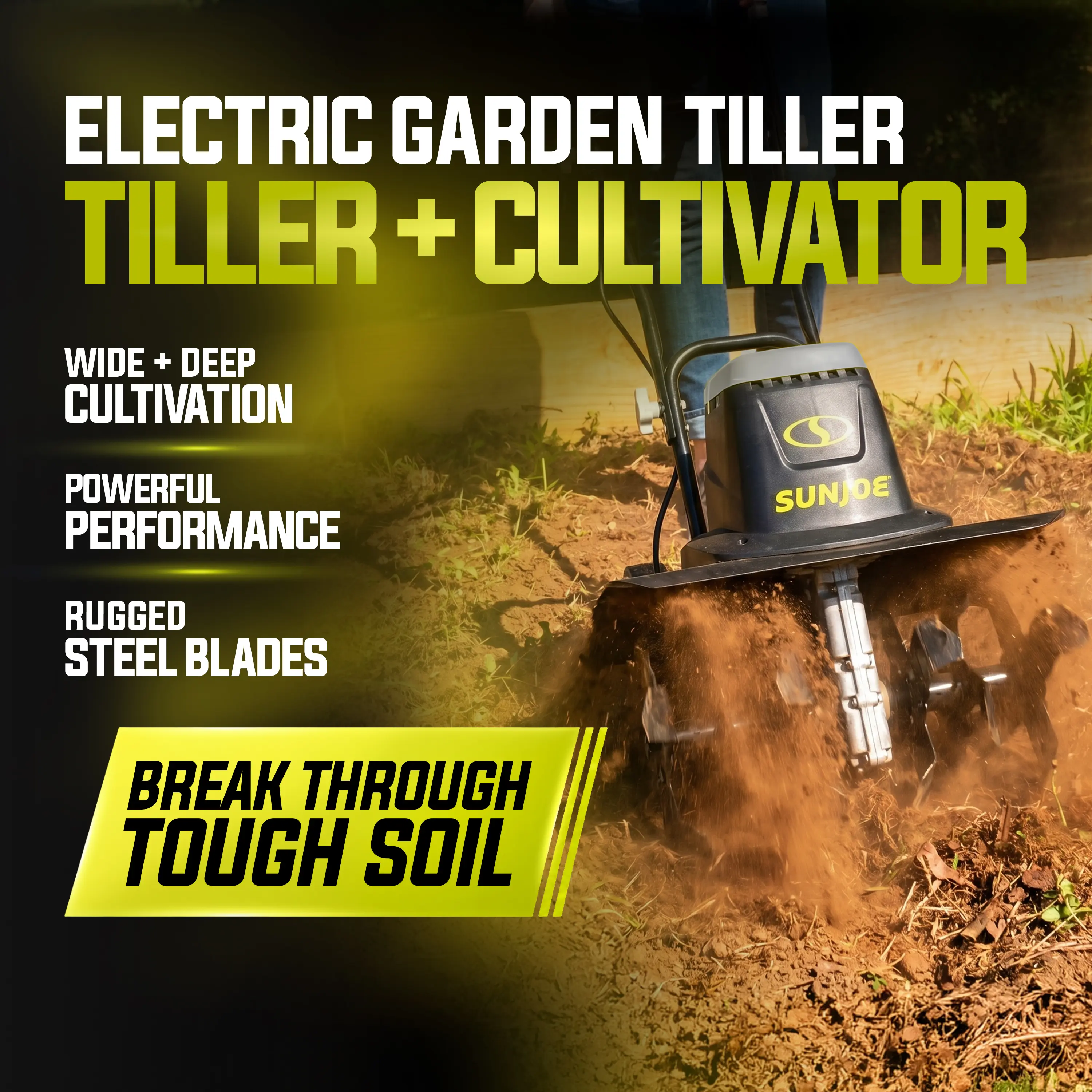 Sun Joe 12-Amp Motor Electric Garden Tiller & Cultivator - 16 in Width, 3-Position Height Adjustment, Steel Blades Deep Soil Prep Tool for Home Gardeners